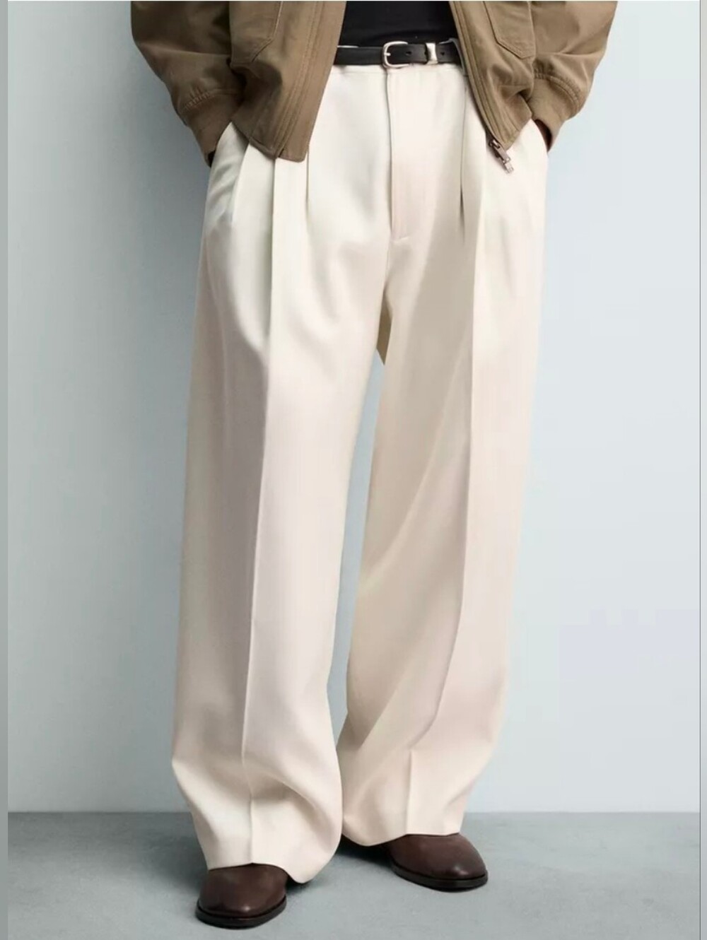 NWT Zara Man Cream White Flowy Satin Wide Leg Pleated Trousers Pants Size 31x30